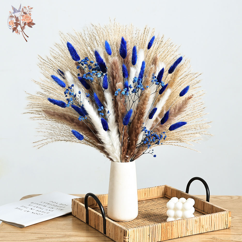 Dried Flower Pressed - Blauer, flauschiger Kaninchenschwanz mit 70-Stiel, Pampasgras-Bündel,
