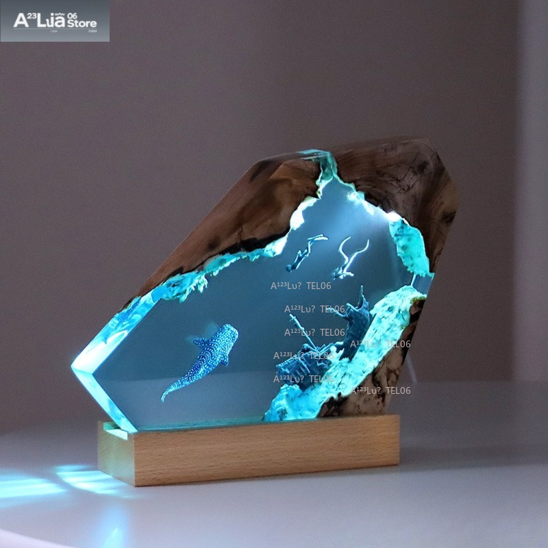 Resin Art Ocean - Holzharz-Nachtlicht Ozean-Kunst Schreibtischdeko Hai Wal Schiffsverschrottung