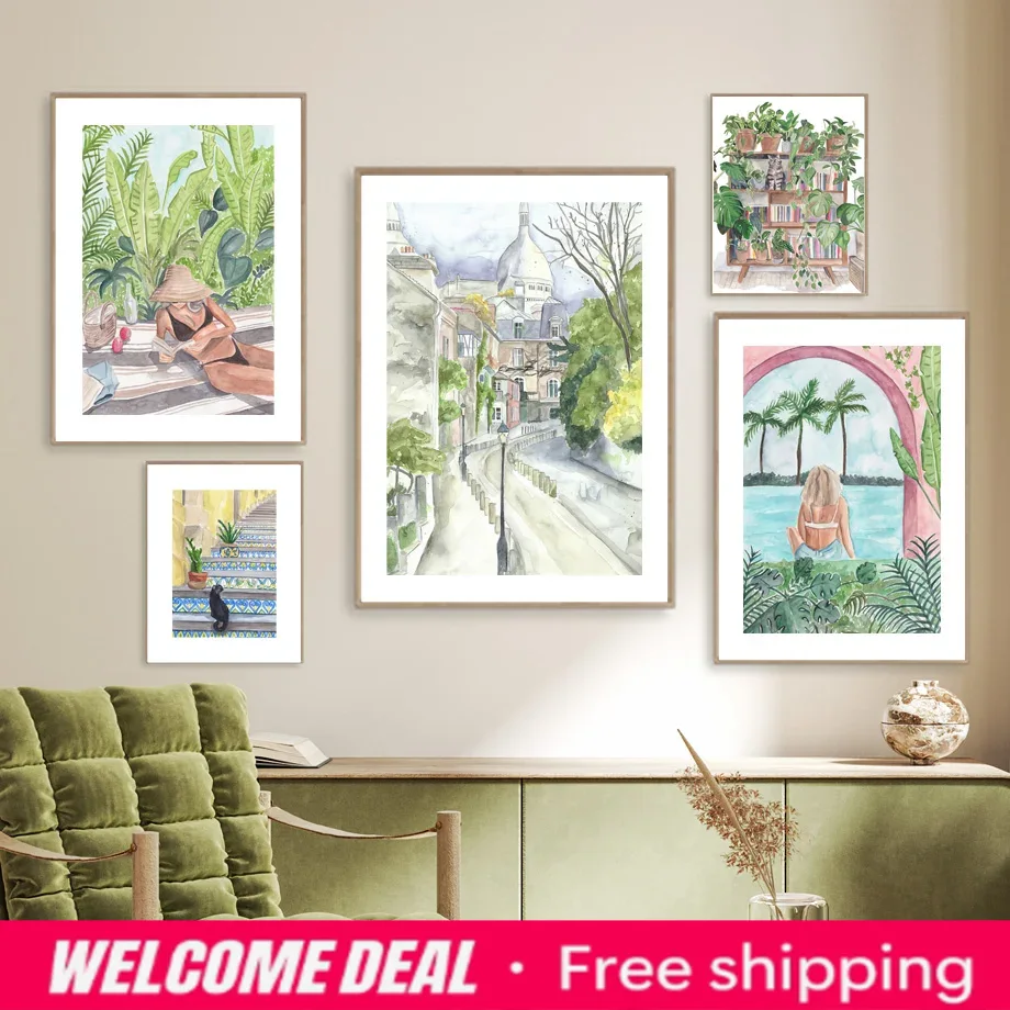 Resin Art Aesthetic - Aquarell-Reise-Wandkunst: Boho-Stadtlandschaft, Strand- und Pflanzenmotiv, moderne