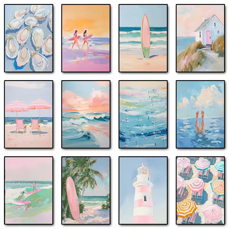 Resin Art Ocean - Rosa Aquarell-Meereswellen Seelandschaft Poster Austernschale Strandschirm
